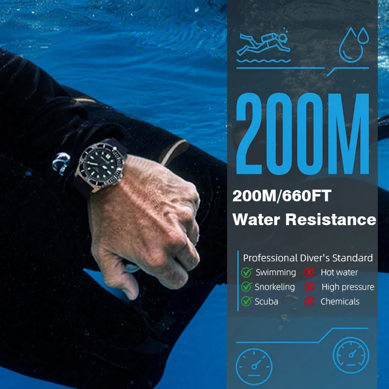 Men Solar Powered Diving Quartz Luxury Watch 200M Waterproof Dive Sports Watches 316L Steel Case 180+ Day Power