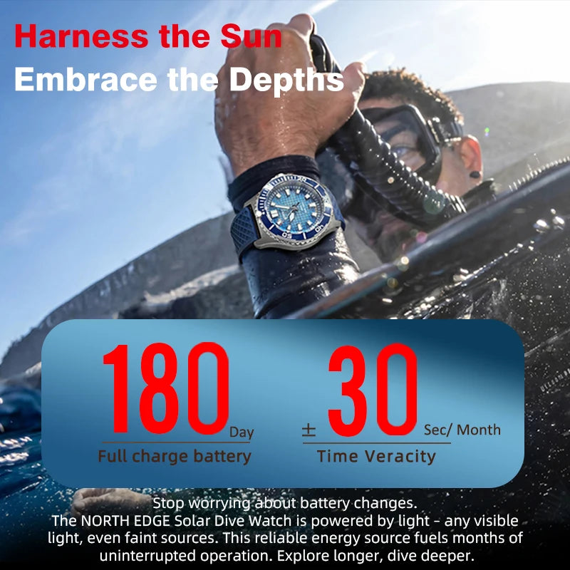 Men Solar Powered Diving Quartz Luxury Watch 200M Waterproof Dive Sports Watches 316L Steel Case 180+ Day Power