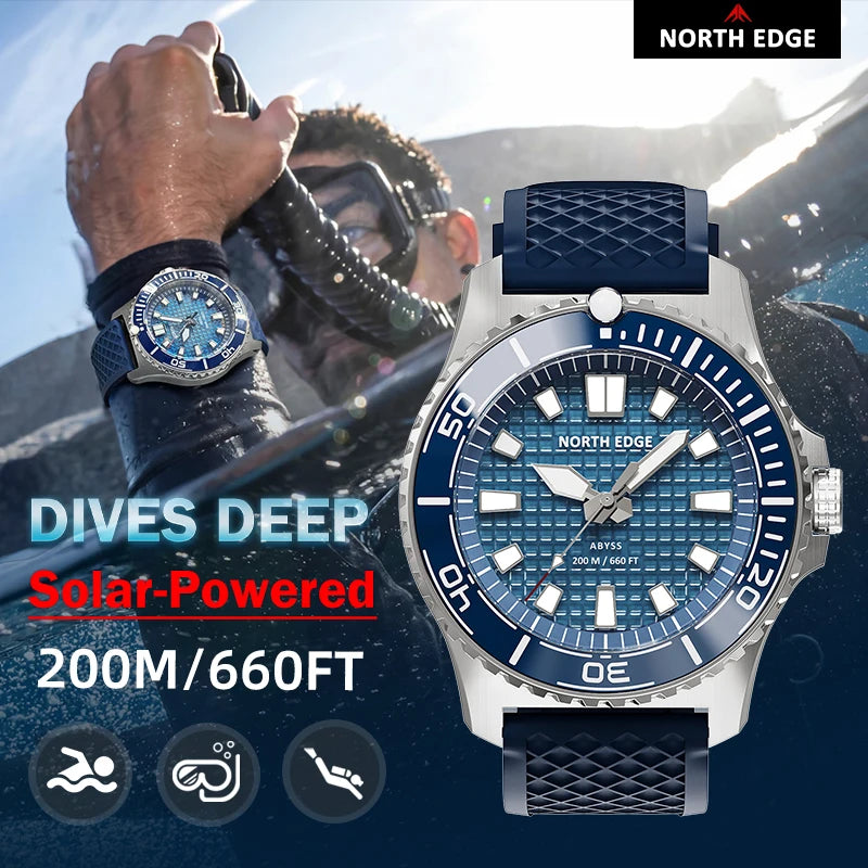 Men Solar Powered Diving Quartz Luxury Watch 200M Waterproof Dive Sports Watches 316L Steel Case 180+ Day Power