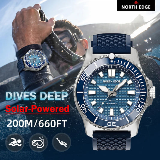 Men Solar Powered Diving Quartz Luxury Watch 200M Waterproof Dive Sports Watches 316L Steel Case 180+ Day Power