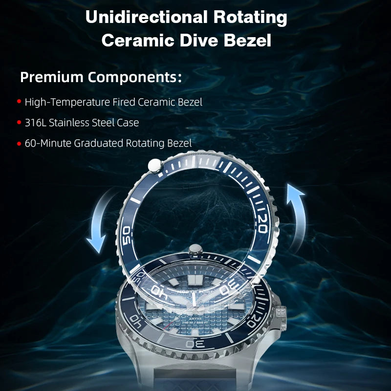 Men Solar Powered Diving Quartz Luxury Watch 200M Waterproof Dive Sports Watches 316L Steel Case 180+ Day Power